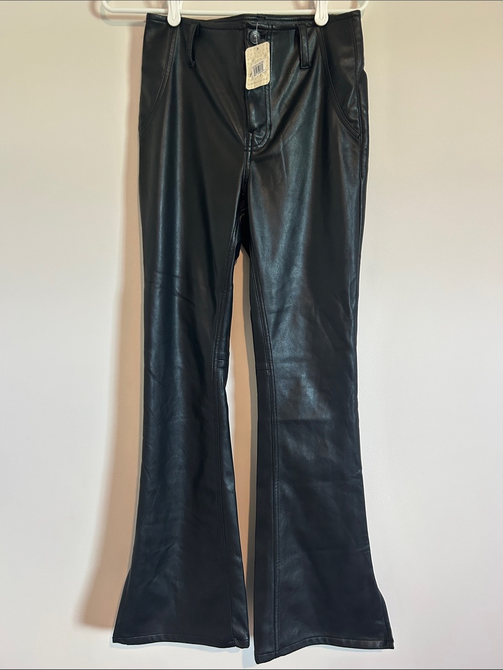 NWT Free People We The Free Black Vegan Leather Split Hem Flare Pants 27